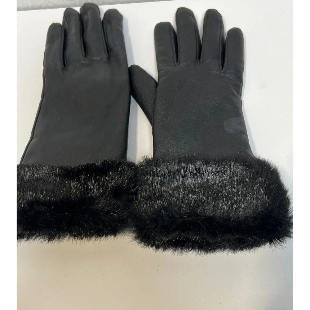 Charter Club Black Genuine Leather Gloves Faux Fur Trim Cuff Size M